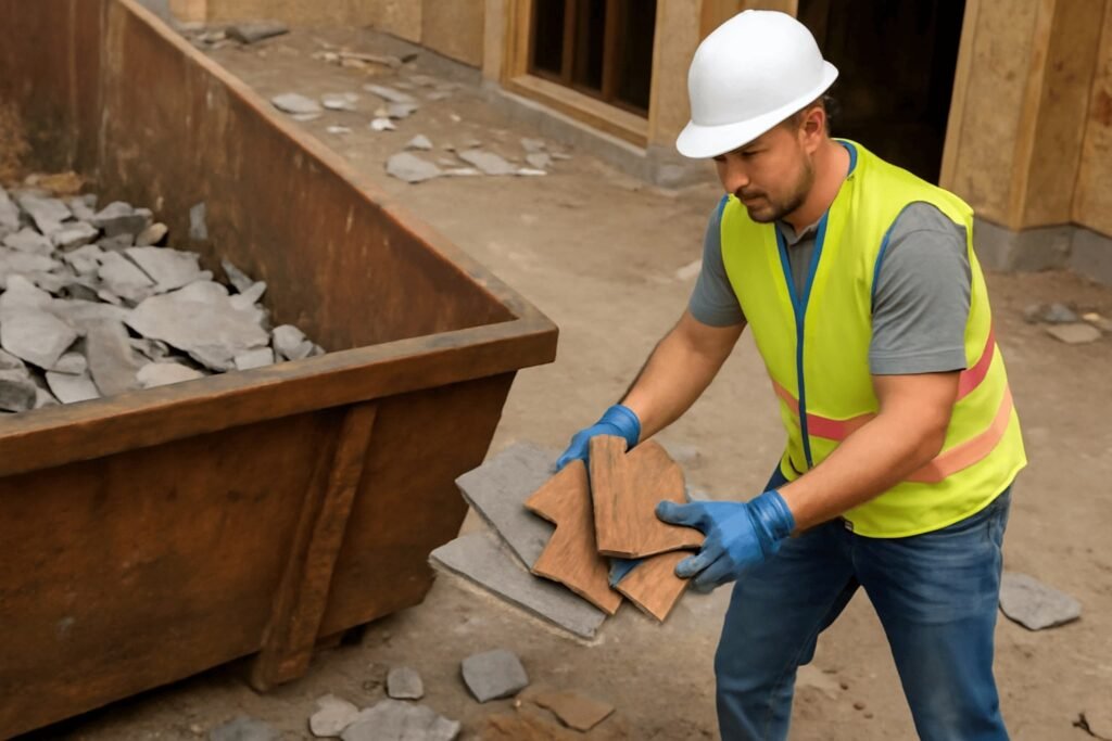 Tire and flooring debris is being removed by our construction debris removal team
